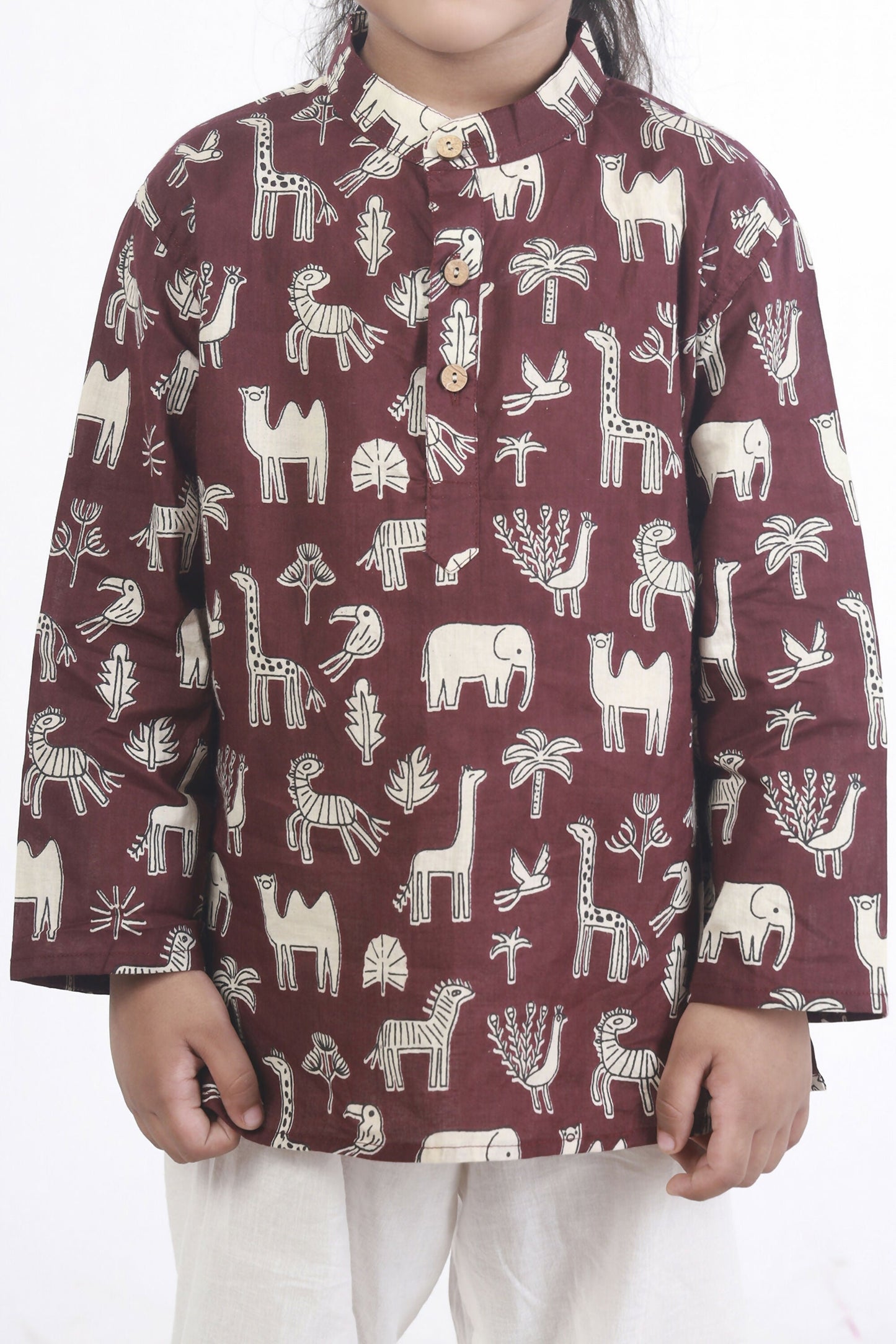 Breathables Kids Cotton Night Suit – Wine Animal Print Kurta & Pyjama Co-Ord Set For Boys & Girls