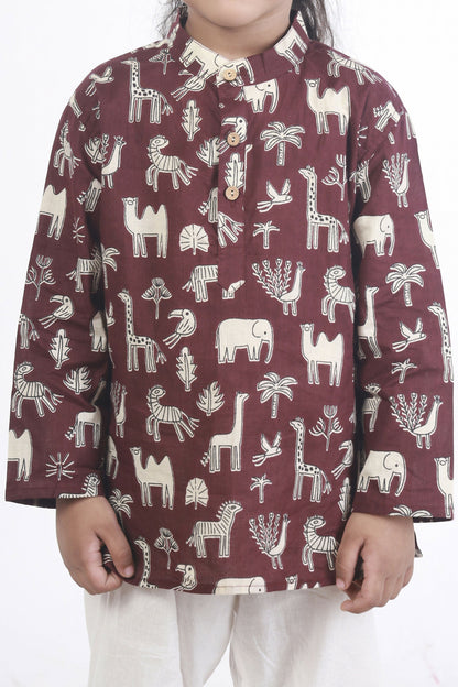 Breathables Kids Cotton Night Suit – Wine Animal Print Kurta & Pyjama Co-Ord Set For Boys & Girls