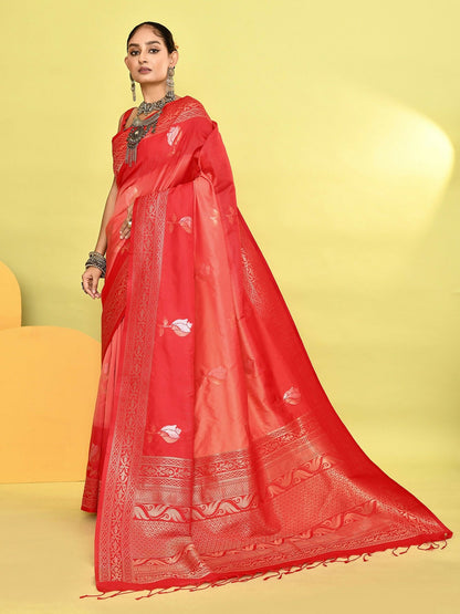 Joban Fashion Peach & Red Plain With Weaving Border Banarasi Silk Sarees