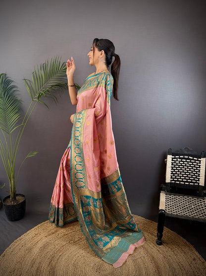 Elora Baby Pink Soft Silk Butti Zari Weaving Contrast Pallu Banarasi Saree