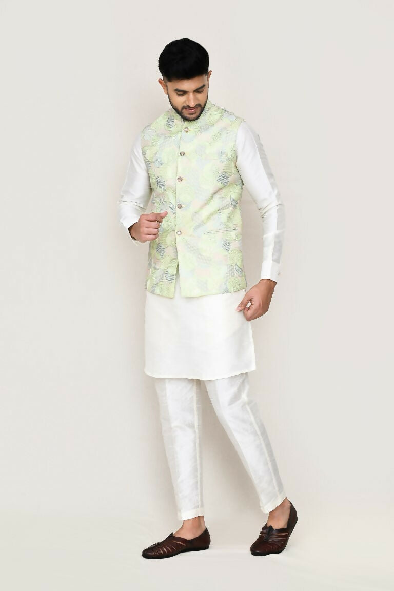 Joban Fashion Green Colored Art Silk Based Full Embroidered Work Men's Jacket