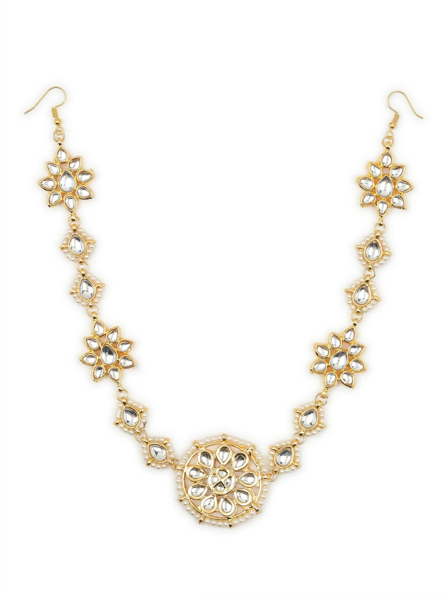 Gold-Polished White Kundan-Studded Pearl Beaded Hair Band - Ruby Raang