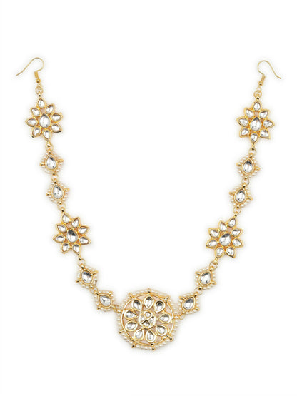Gold-Polished White Kundan-Studded Pearl Beaded Hair Band - Ruby Raang