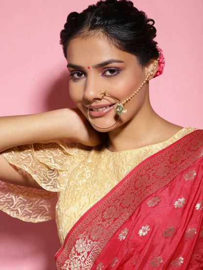 Gold-Polished Green White Kundan Studded Beaded Chained Nosepin - Ruby Raang