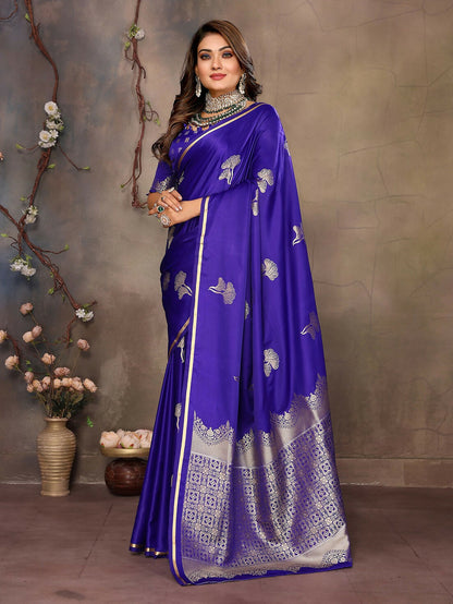 Joban Fashion Royal Blue Floral Motifs Banarasi Silk Sarees