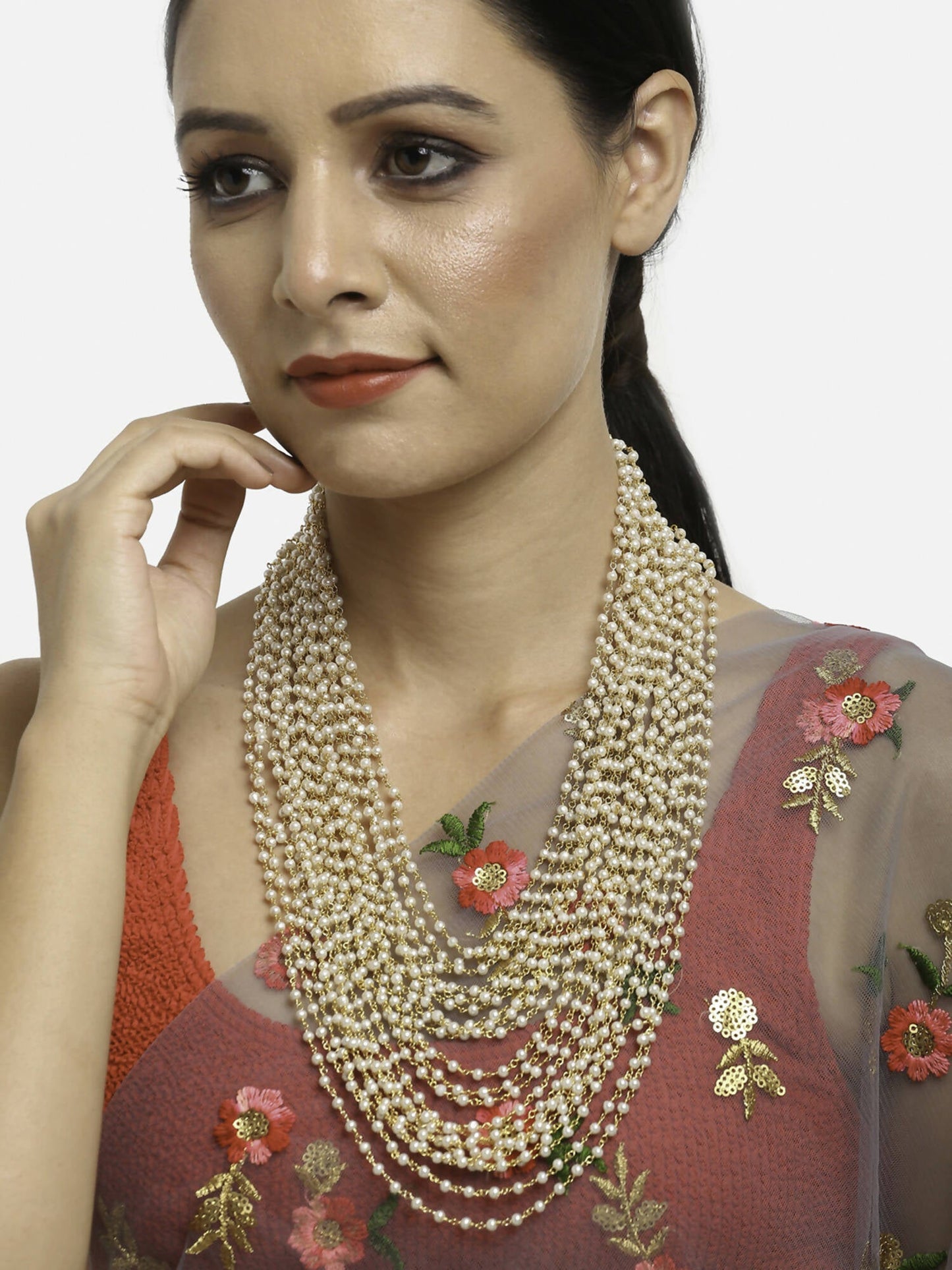 Gold-Toned White Gold-Polished Pearls Layered Handcrafted Necklace - Ruby Raang