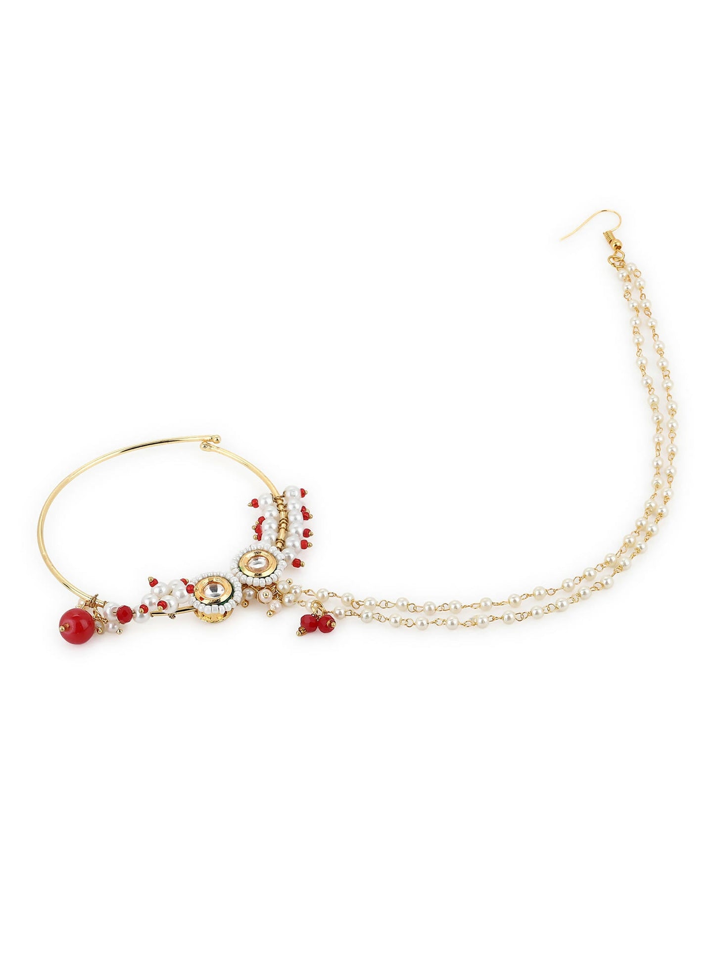 Gold-Polished White Red Kundan Studded Beaded Chained Nose Ring - Ruby Raang