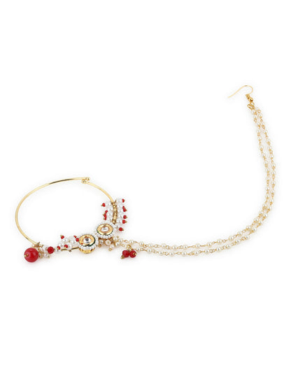Gold-Polished White Red Kundan Studded Beaded Chained Nose Ring - Ruby Raang