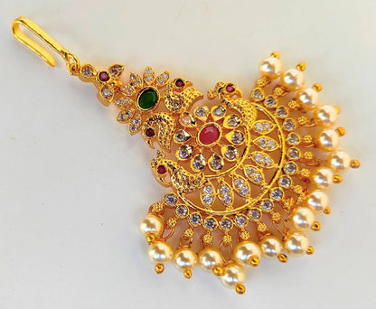 Multicolor AD Peacock Bridal Maang Tikka