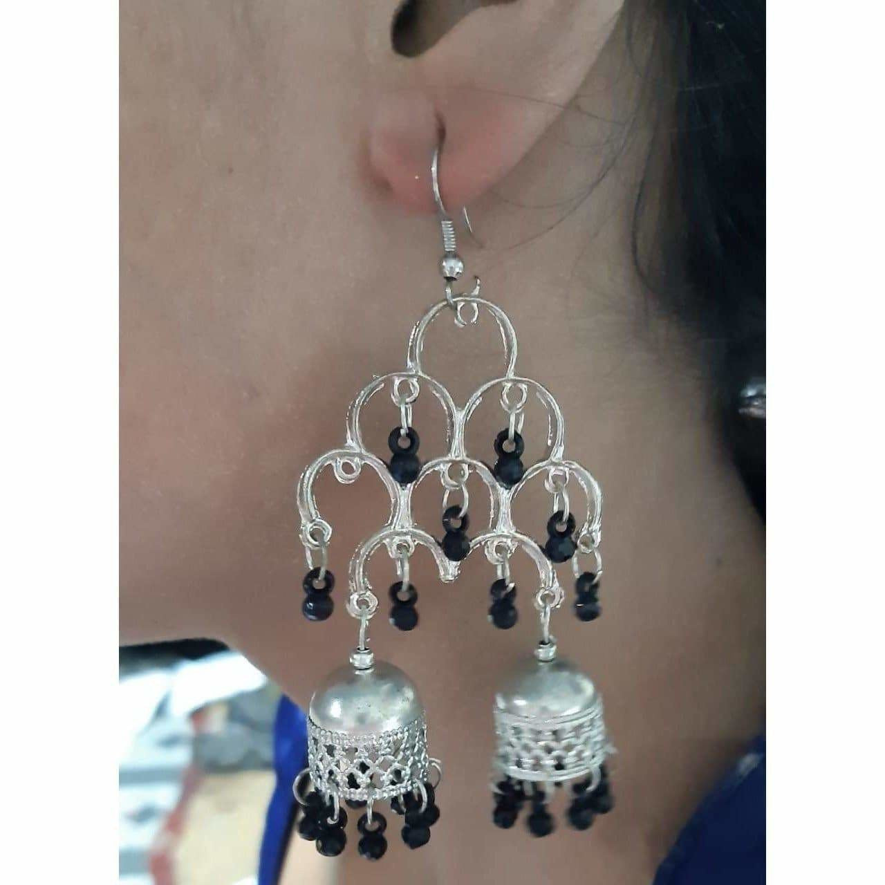MS Fashion India Silver Oxidized Fashion Traditional Double Jhumka Long Black Pearls Earrings