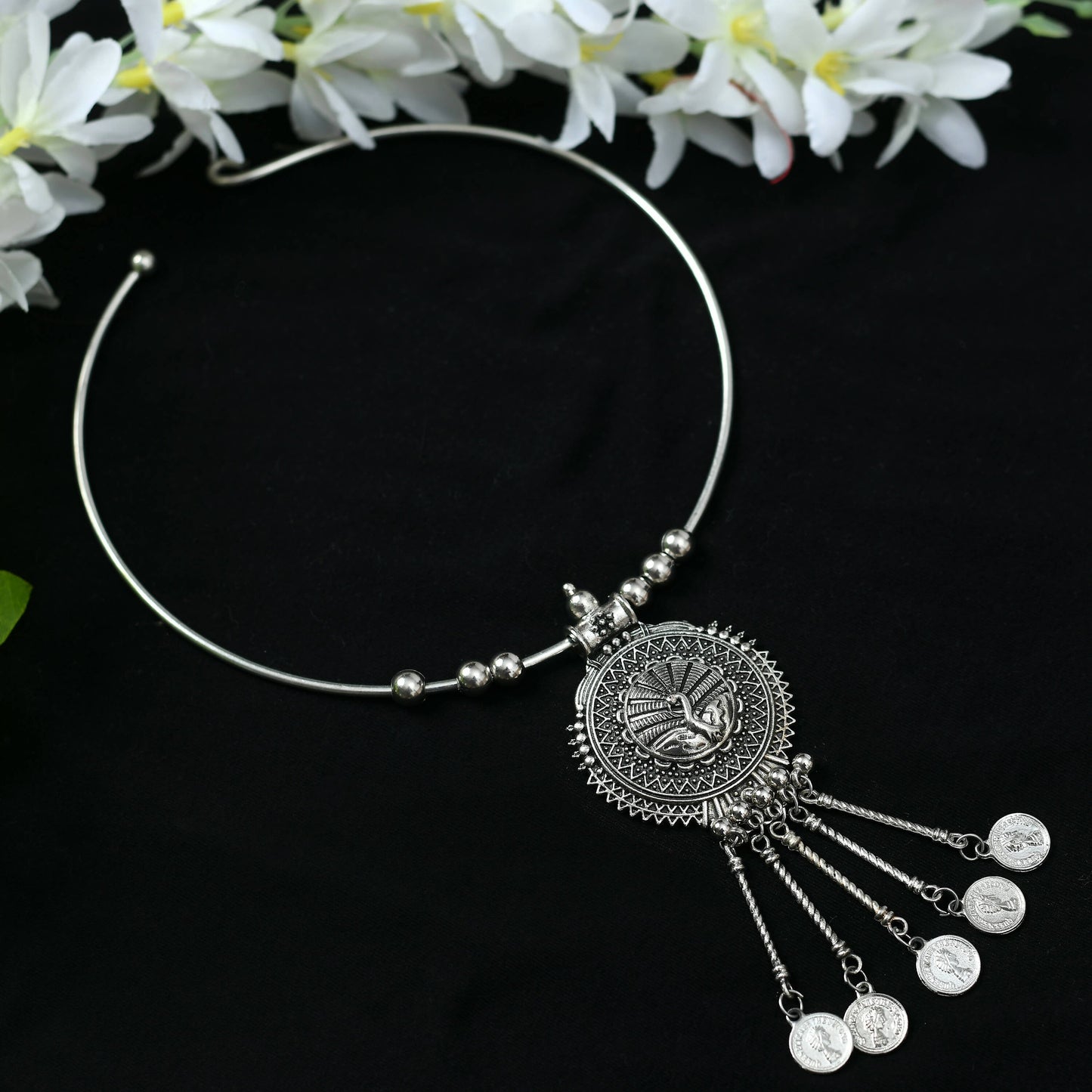 Mominos Fashion Johar Kamal Oxidised Silver-Plated Hasli Design Necklace Choker For Women