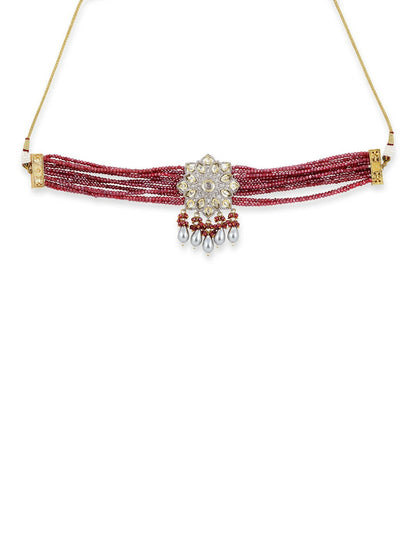 Maroon Kundan Choker with Pearl Drops- Ruby Raang