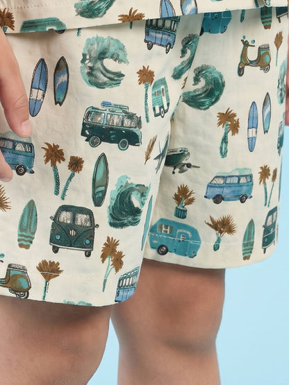 Breathables Woven Cotton Half Sleeves Beach Inspired Shirt & Shorts White