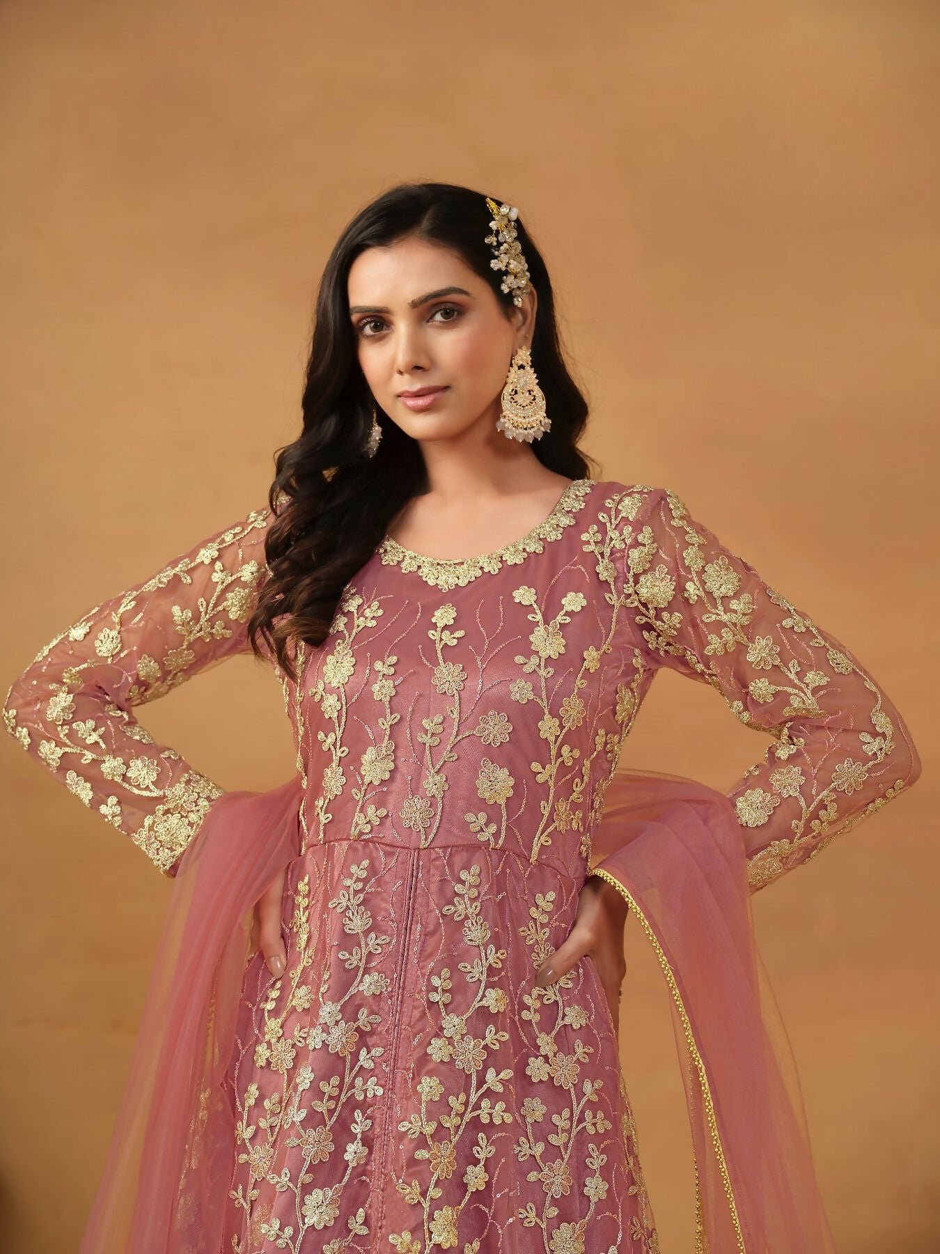 Anaita Pink Embroidered Net Anarkali Suit
