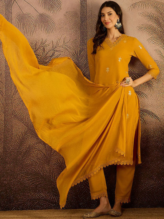 Sangria Zari Sequence Embroidered Georgette Straight Kurta With Trousers & Dupatta
