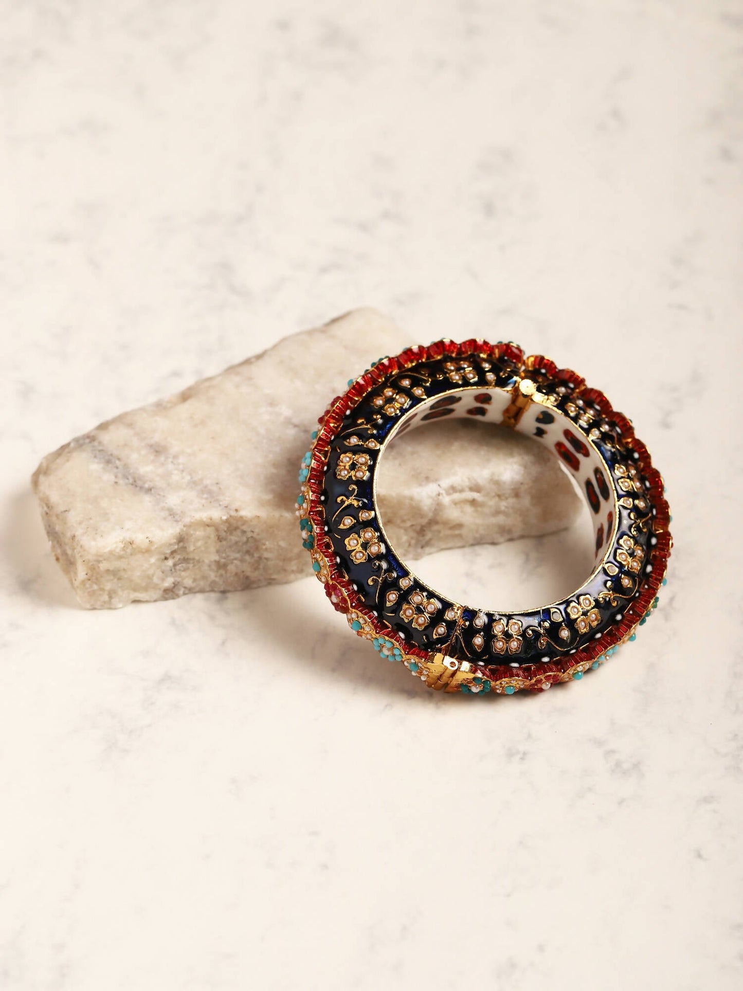 Gold-Polished Blue White Kundan Studded Pearls Beaded Bangle - Ruby Raang