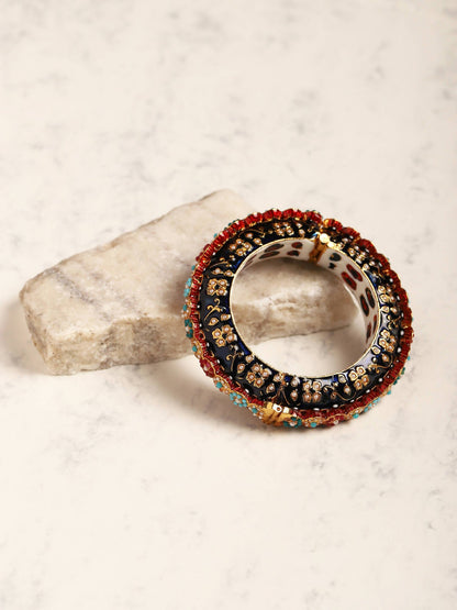 Gold-Polished Blue White Kundan Studded Pearls Beaded Bangle - Ruby Raang