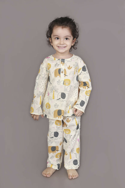Breathables White Animal Print Cotton Nightsuit Set | Boys & Girls Kids Sleepwear