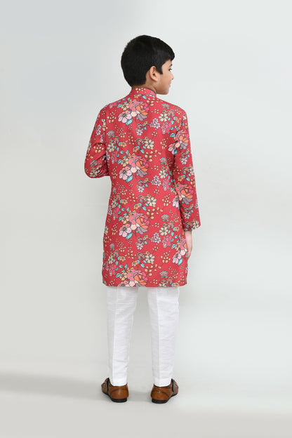Joban Fashion Cotton Silk Red Kurta With Straight Fit Pant