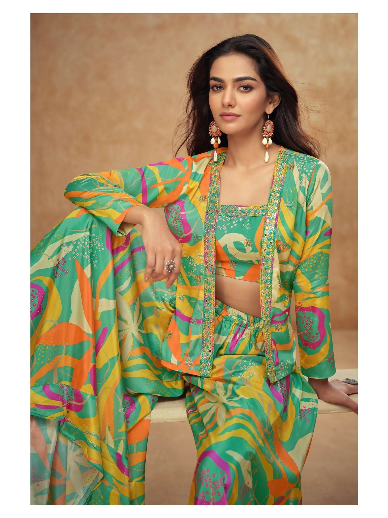 Anaita Parrot Green Real Chinon Stitched 3 Piece Suit with Printed & Embroidery hand work