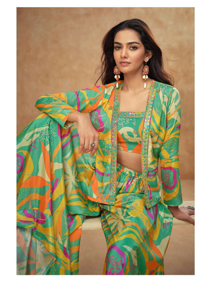 Anaita Parrot Green Real Chinon Stitched 3 Piece Suit with Printed & Embroidery hand work