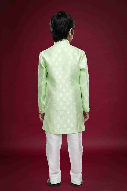 Raivat Ethnic Kids Banarasi Jacquard Woven Work Semi Indo Western Set Pista Green Colour