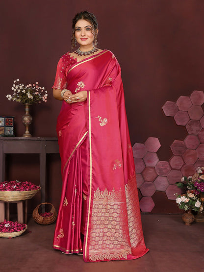 Joban Fashion Pink Floral Banarasi Silk Sarees