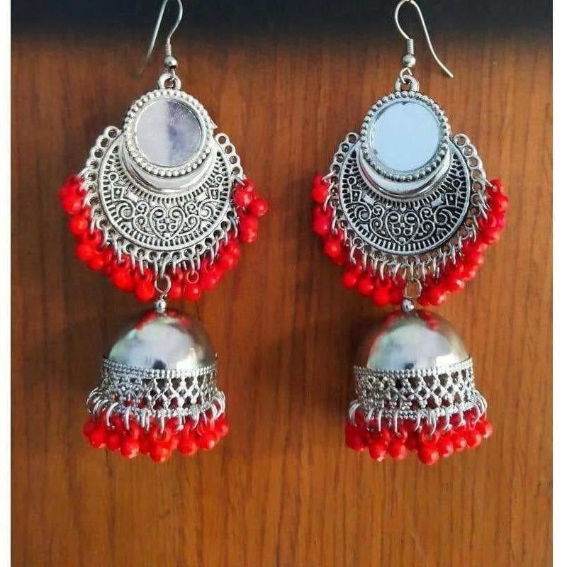 MS Fashion India Red Color Pearls Silver Oxidized Mirror Design And Traditional Jhumka Earrings