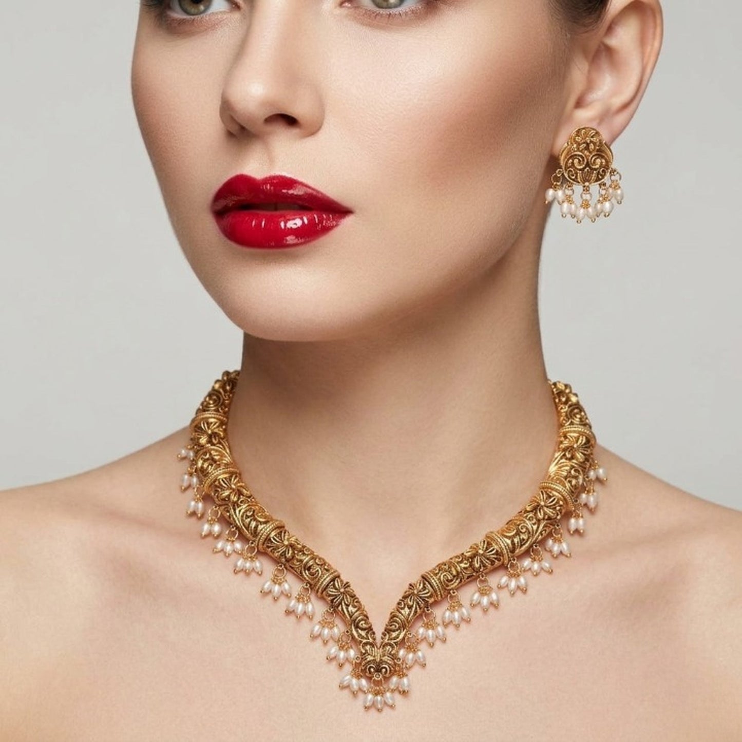 Jewel City Handcrafted Traditional Gold-Plated Choker Necklace Set with Pearl Drops - Ethnic Jewelry for Weddings