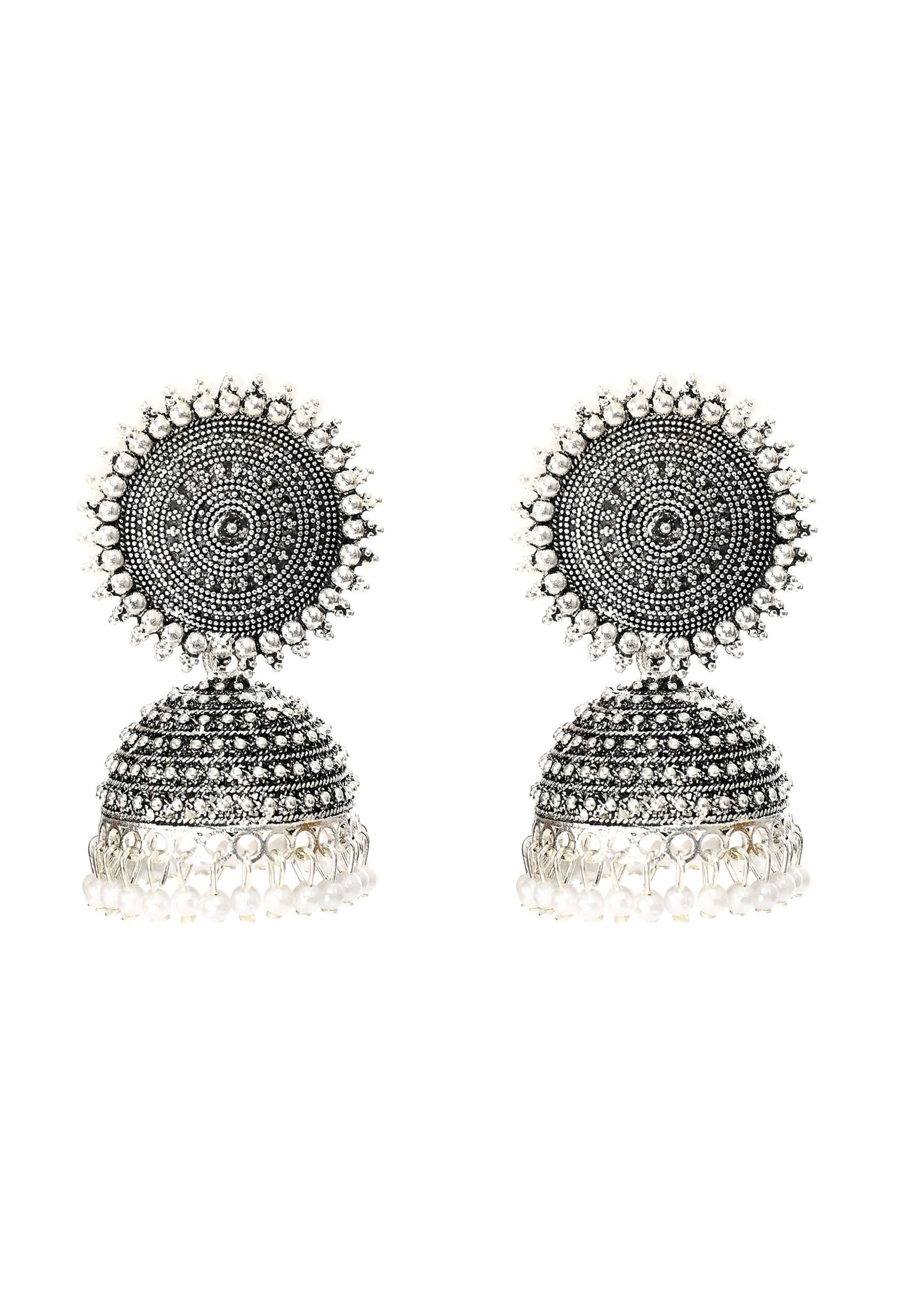 Mominos Fashion Johar Kamal Silver Color Jhumkas With White Pearls Earrings