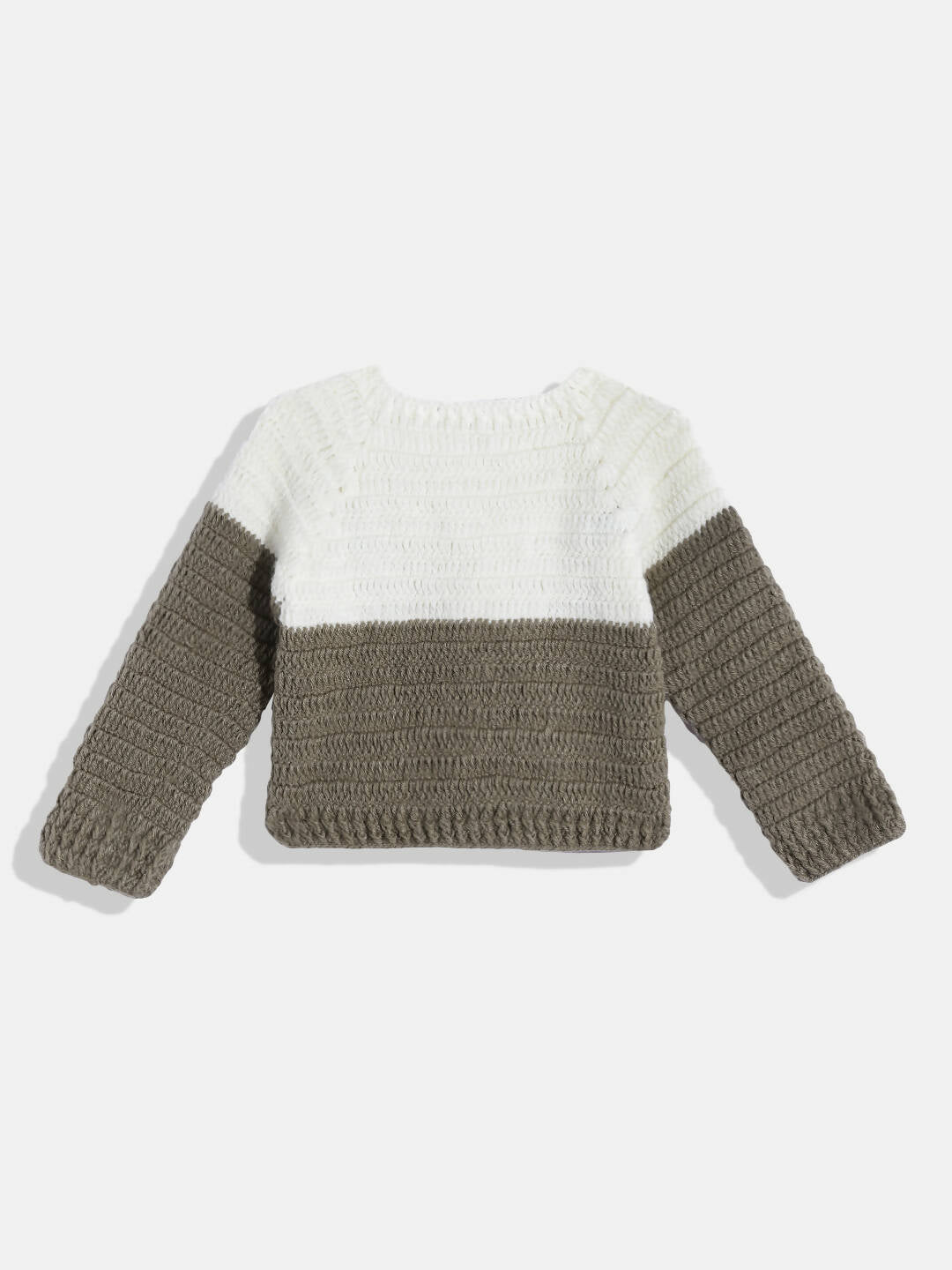 Chutput Kids Woollen Hand Knitted Full Sleeves Balloon Detail Colorblocked Sweater For Baby Boys With Striped Cap - Brown