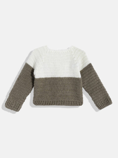 Chutput Kids Woollen Hand Knitted Full Sleeves Balloon Detail Colorblocked Sweater For Baby Boys With Striped Cap - Brown