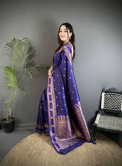 Joban Fashion Navy Blue Banarasi Soft Silk Woven Saree
