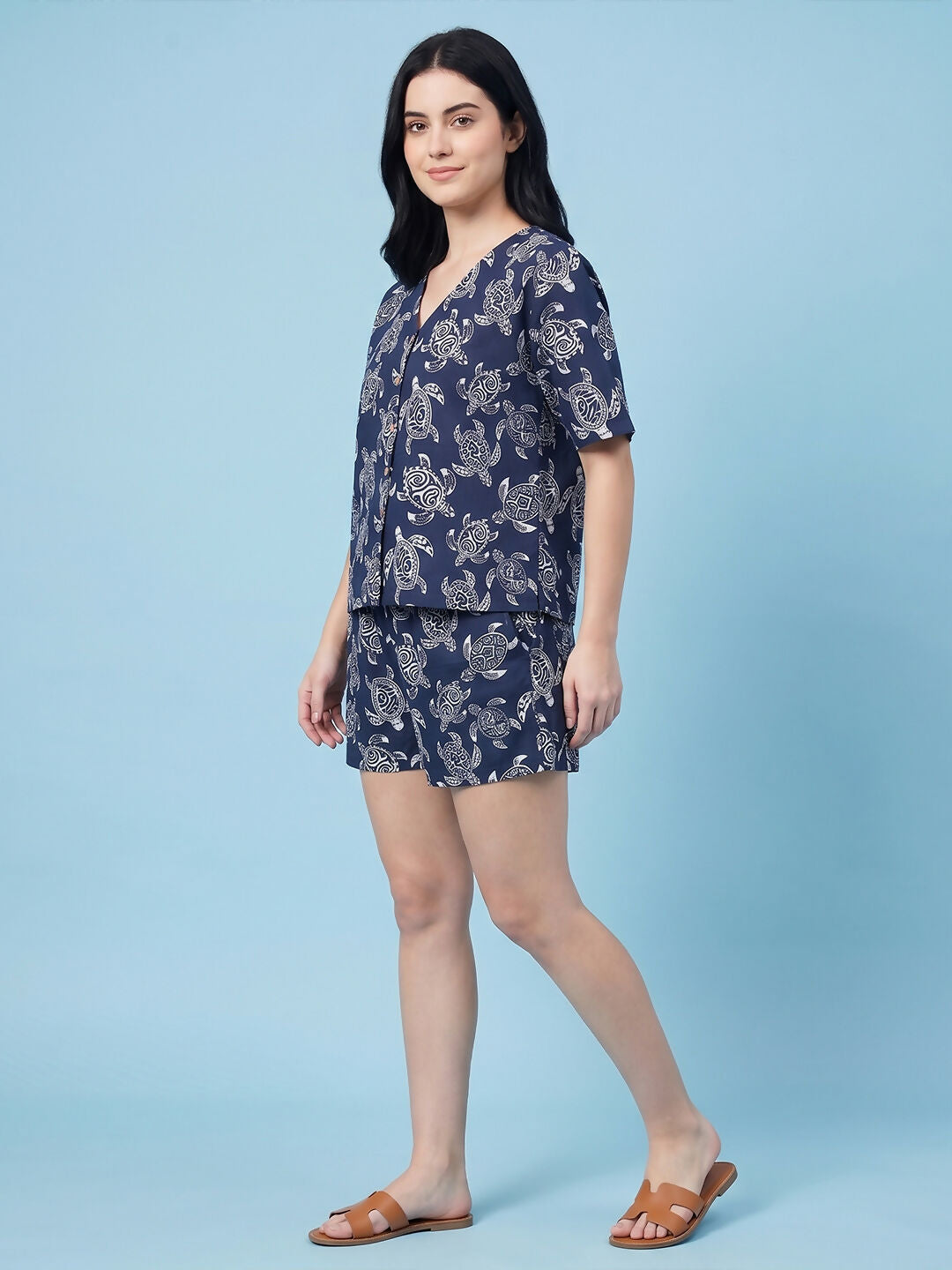 Breathables Woven Cotton Half Sleeves Turtle Shorts Set Blue