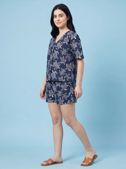 Breathables Woven Cotton Half Sleeves Turtle Shorts Set Blue