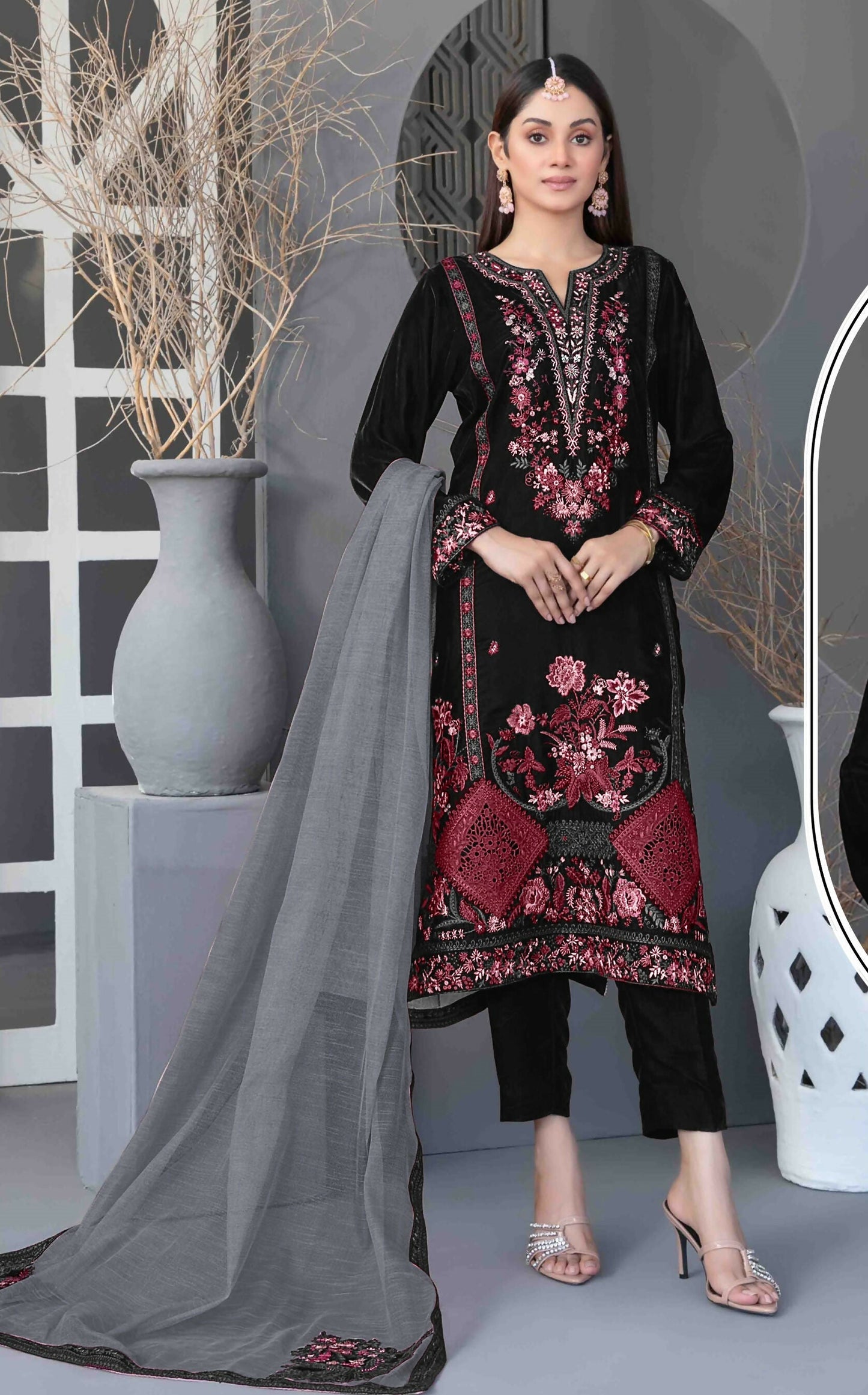 Anaita Black Velvet Suit with Embroidery Sequence Work