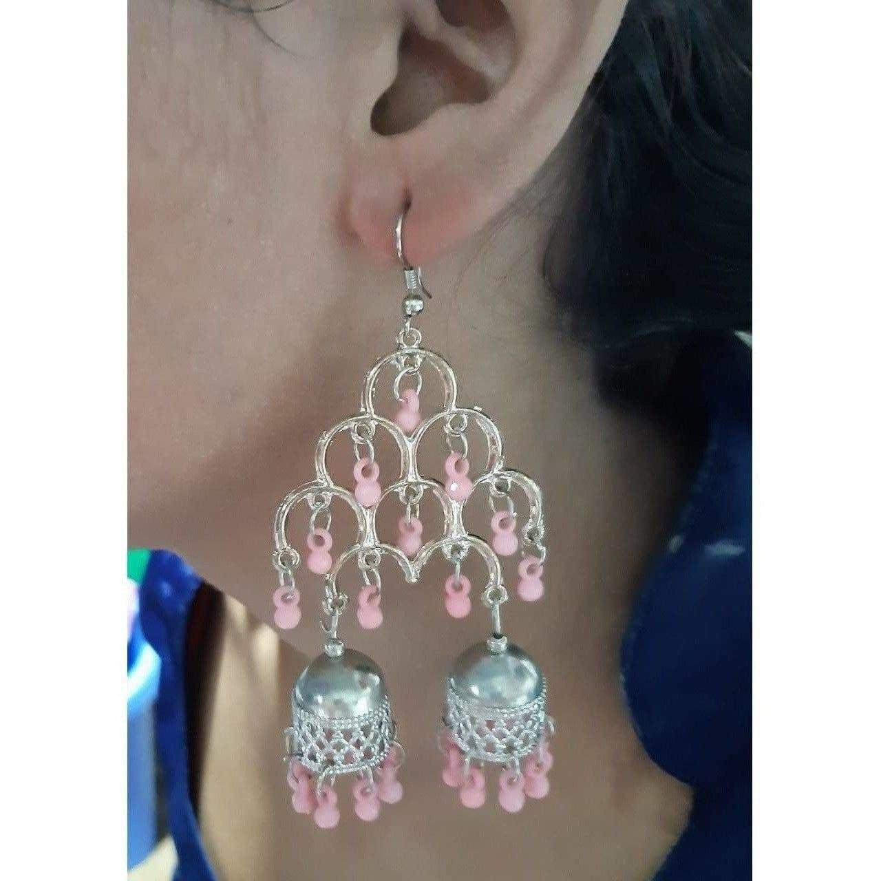 MS Fashion India Silver Oxidized Fashion Traditional Double Jhumka Long Light Pink Pearls Earrings