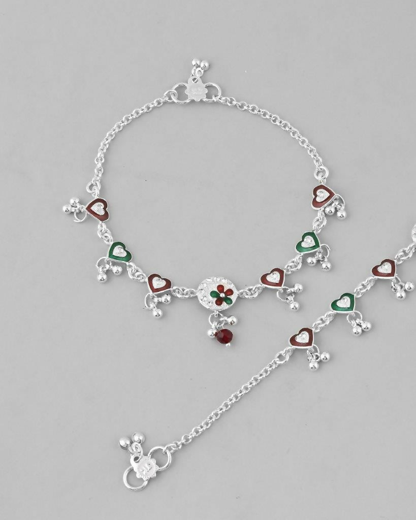 VOJ Set of 2 Stone Studded Heart Shaped Traditional Anklet