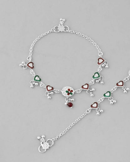 VOJ Set of 2 Stone Studded Heart Shaped Traditional Anklet