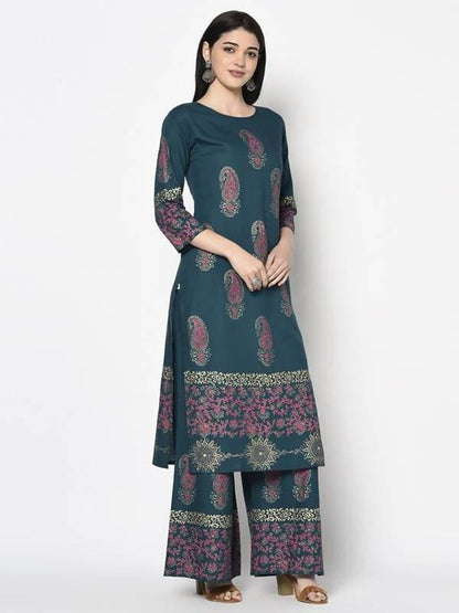 Aniyah Rayon Teal Blue Color Block Print Straight Kurta (AN-224K)