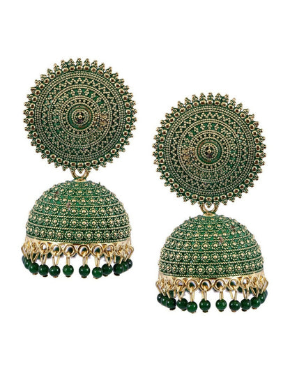 Mominos Fashion Joharkamal Gold-Polished Meenakari Jhumkas For Women & Girls (Green)
