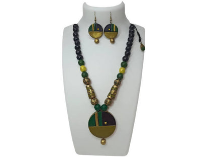Terracotta Round Pendant Boho Style Medium Necklace Set With Hangings