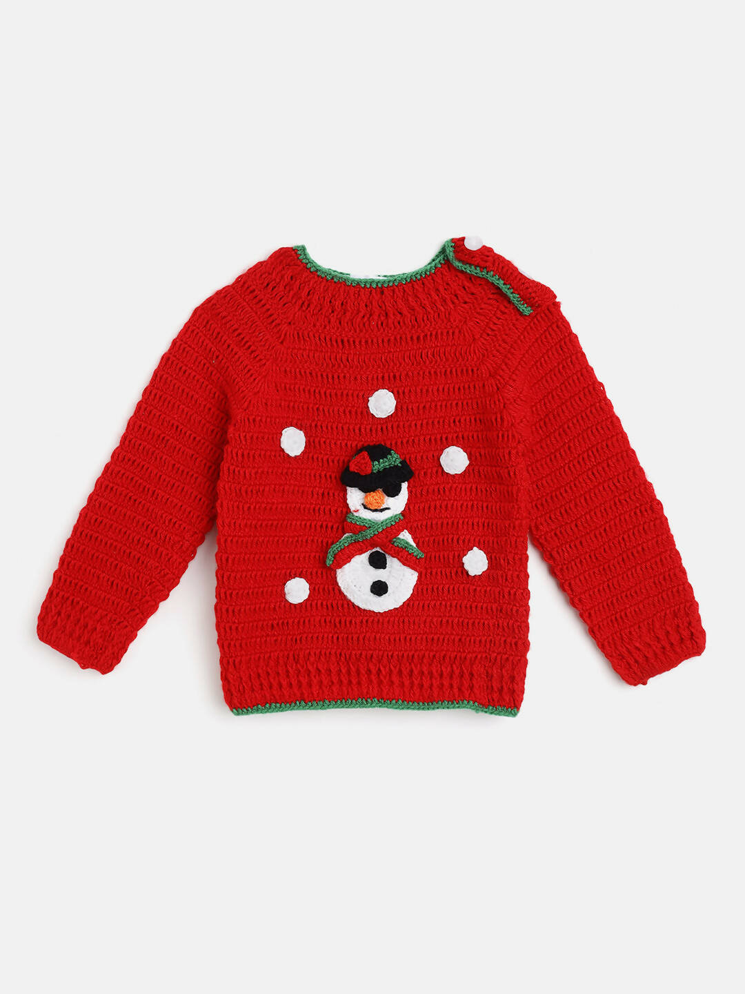 Chutput Kids Woollen Hand Knitted Full Sleeves Snowman Detail Sweater For Baby Boys With Cap - Red
