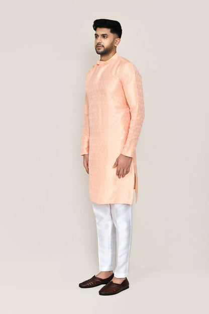 Joban Fashion Peach Colored Jacquard Silk Fabric Kurta With Straight Fit Pant