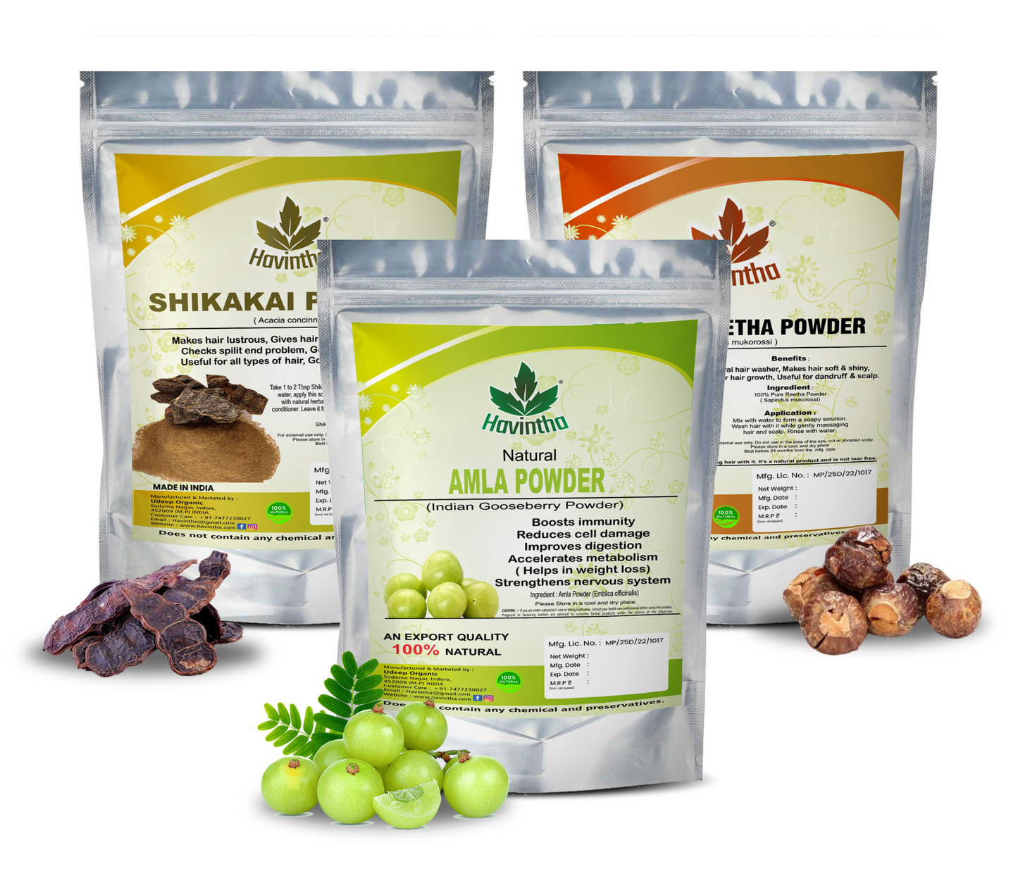 Havintha Amla, Reetha, Shikakai Powder - Combo Pack of 3 for Healthy Hair - Each 100 gms