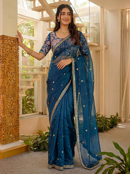 Lehenga Mart Designer Bollywood Style Party Wear Saree-Skyblue