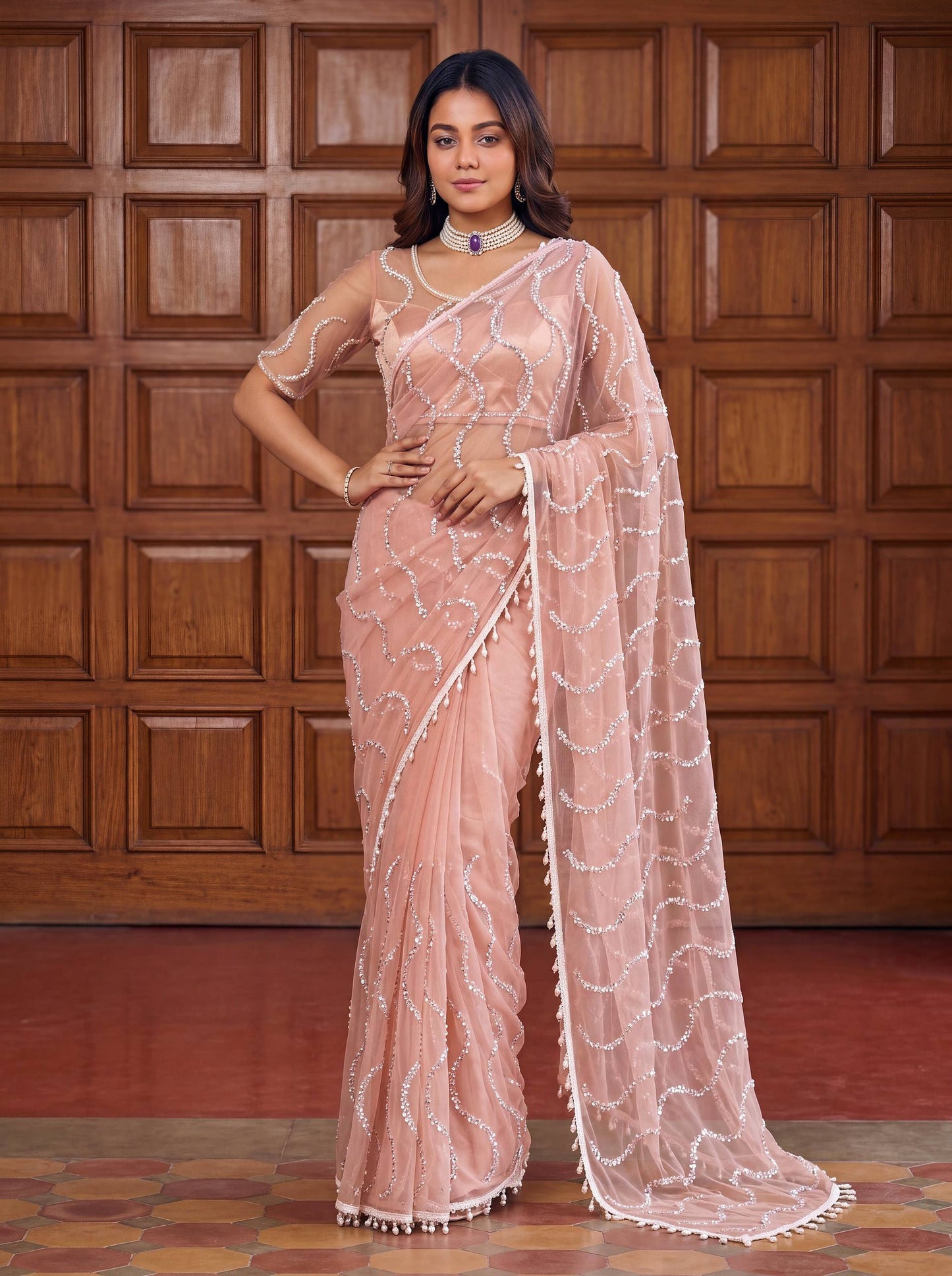 Lehenga Mart Designer Bollywood Style Party Wear Saree-Peach