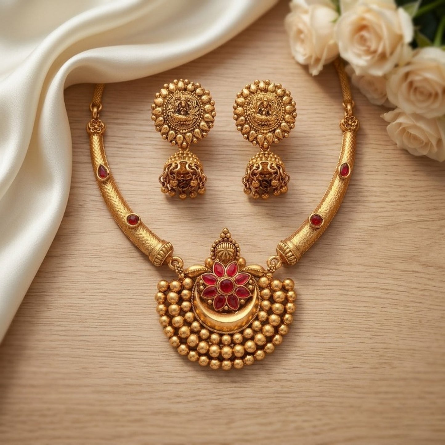 Jewel City Antique Gold Plated Temple Jewelry Set - Traditional Indian Necklace with Jhumka Earrings for Bridal Wedding & Festival