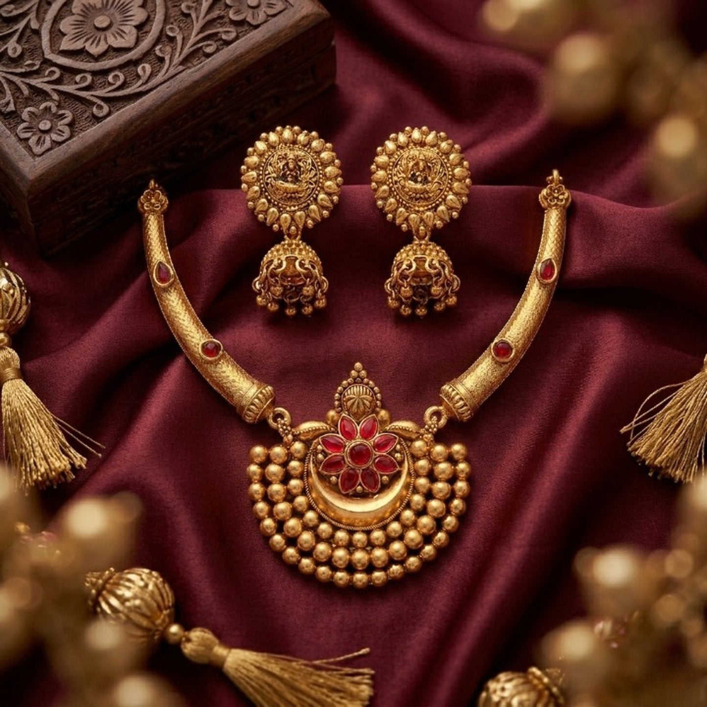 Jewel City Antique Gold Plated Temple Jewelry Set - Traditional Indian Necklace with Jhumka Earrings for Bridal Wedding & Festival