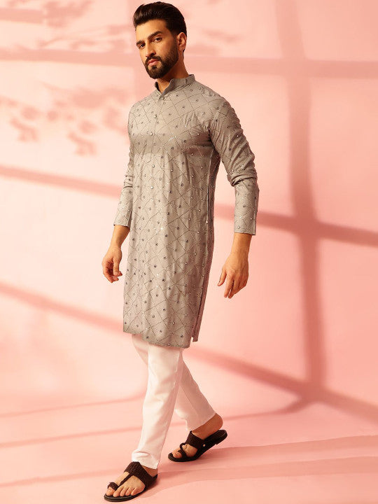 Anouk Geometric Embroidered Mirror Work Cotton Straight Kurta